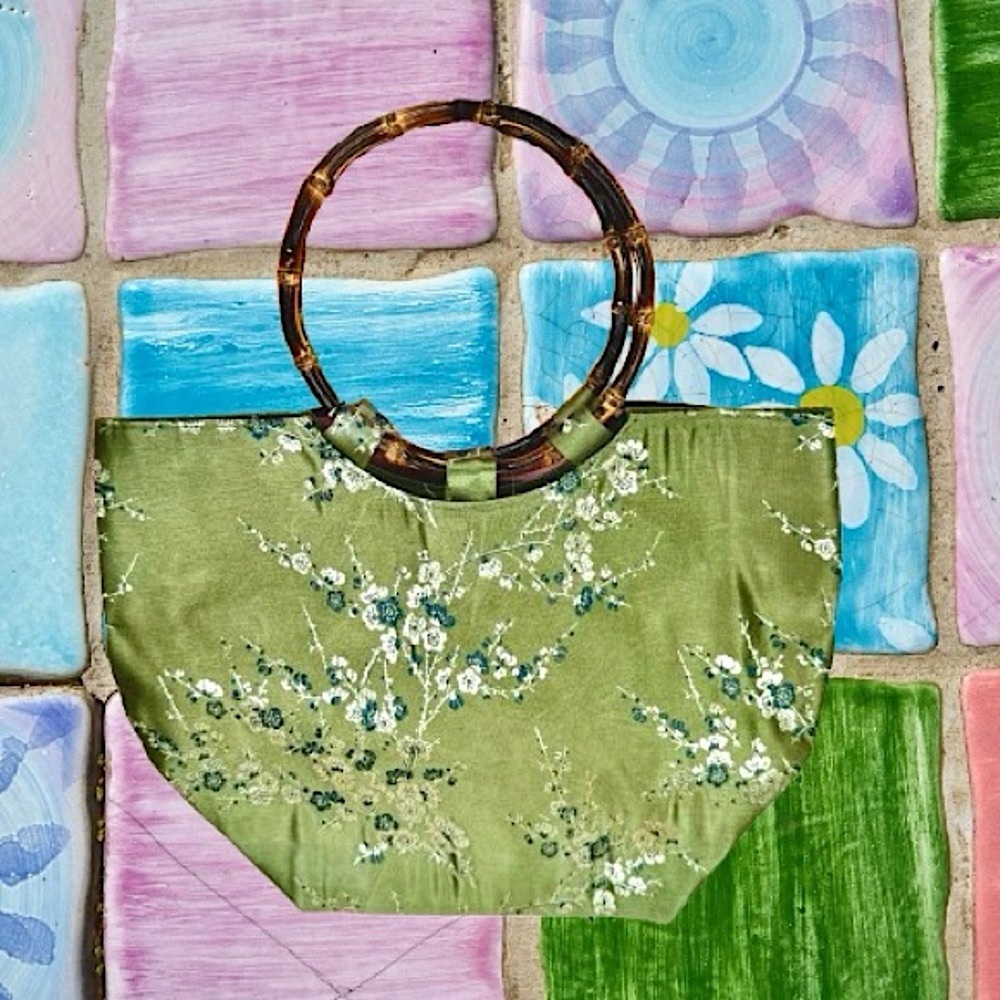 NWT! VTG ‘06 Y2K Floral Satin-like Mini Purse, Bamboo Handles Oriental Aesthetic